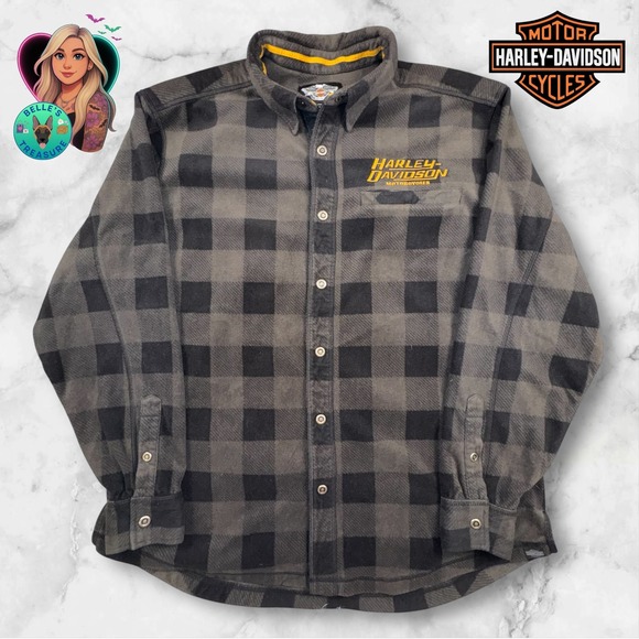 Harley Davidson Mens 2XL Black Gray Plaid Fleece‎ Shacket Snap Up Willie Skull